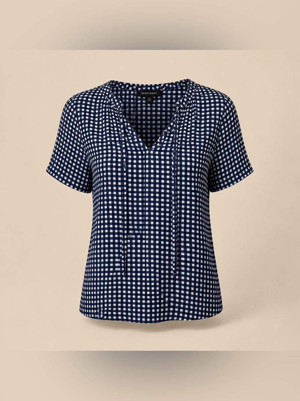 Tamara H 3X Polyester Navy and White Check Tie-Neck Blouse